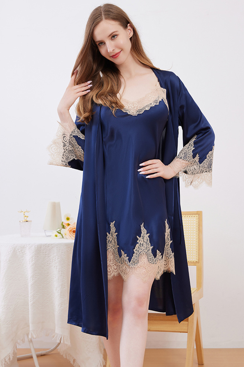 100% Mulberry Silk Sexy Camisole Nightgown & Robe Set 2Pcs Soft Lace Trim Silky Slip Dress Loungewear