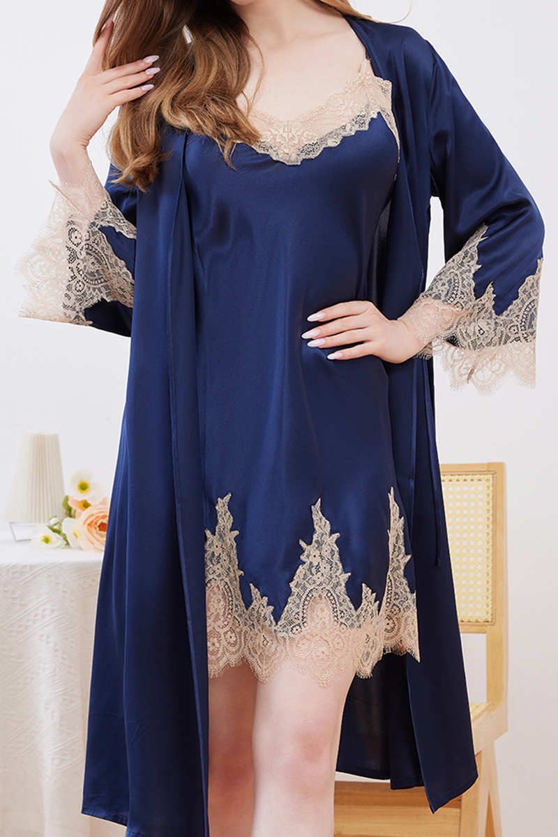 100% Mulberry Silk Sexy Camisole Nightgown & Robe Set 2Pcs Soft Lace Trim Silky Slip Dress Loungewear
