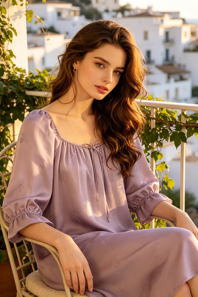 19 Momme 100% Mulberry Loose Fit Heavy Silk Nightgown Jacquard Half Sleeve Elegant Home Dress Loungewear