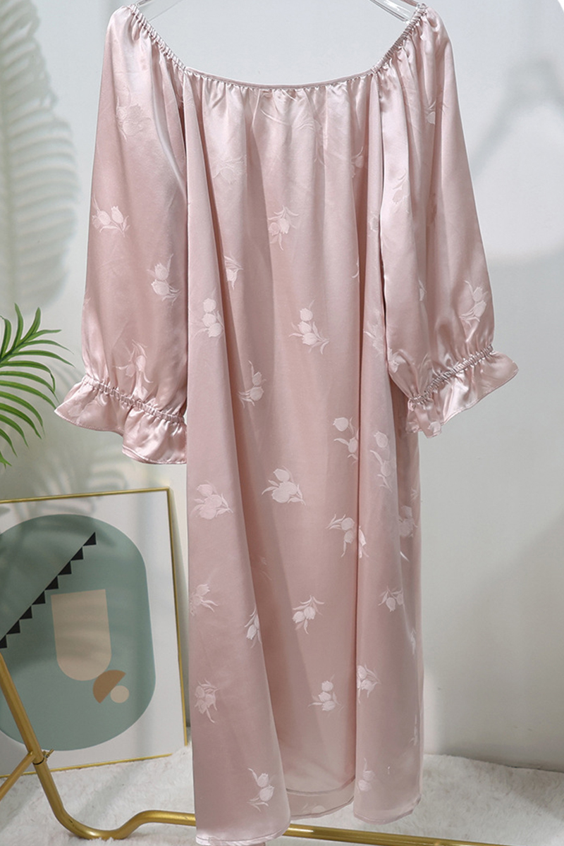 19 Momme 100% Mulberry Loose Fit Heavy Silk Nightgown Jacquard Half Sleeve Elegant Home Dress Loungewear