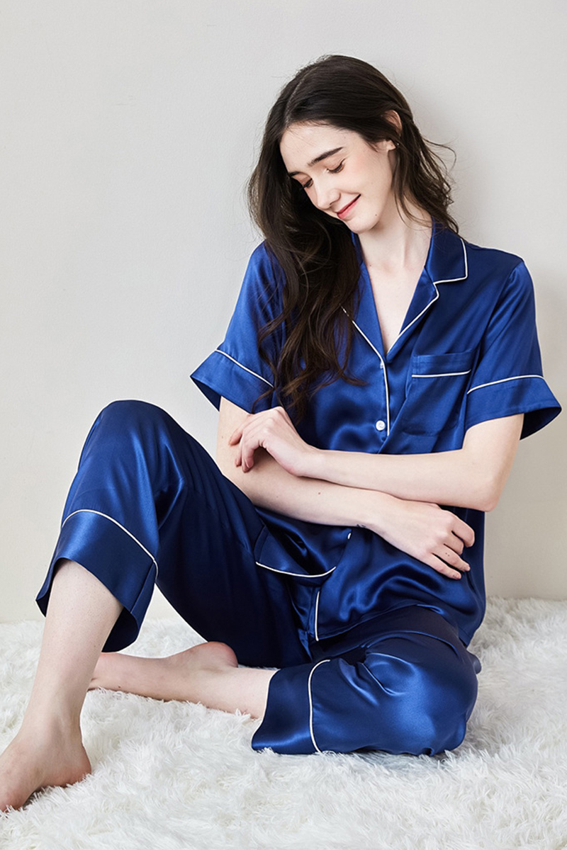 100% Heavy Mulberry Silk Couple Solid Color Pajama Set Men Women Short Sleeve & Long Pants Loungewear