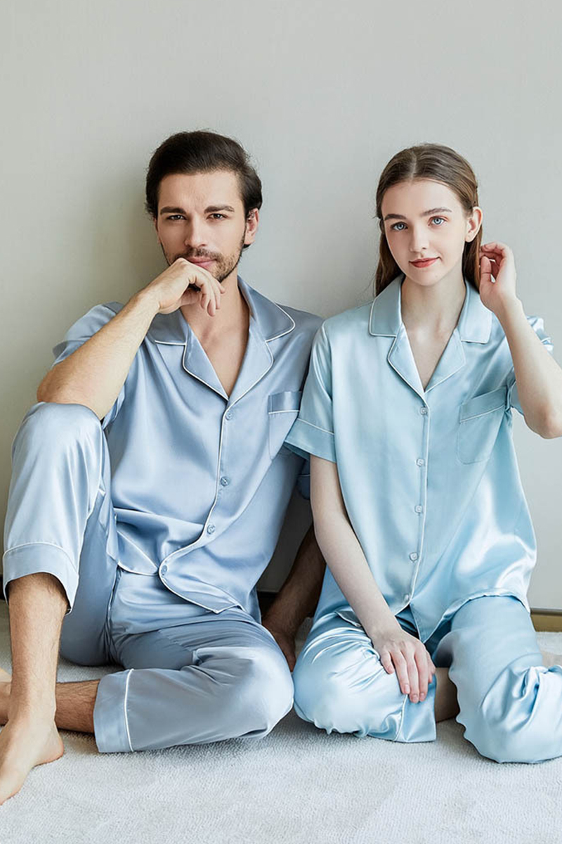 100% Heavy Mulberry Silk Couple Solid Color Pajama Set Men Women Short Sleeve & Long Pants Loungewear