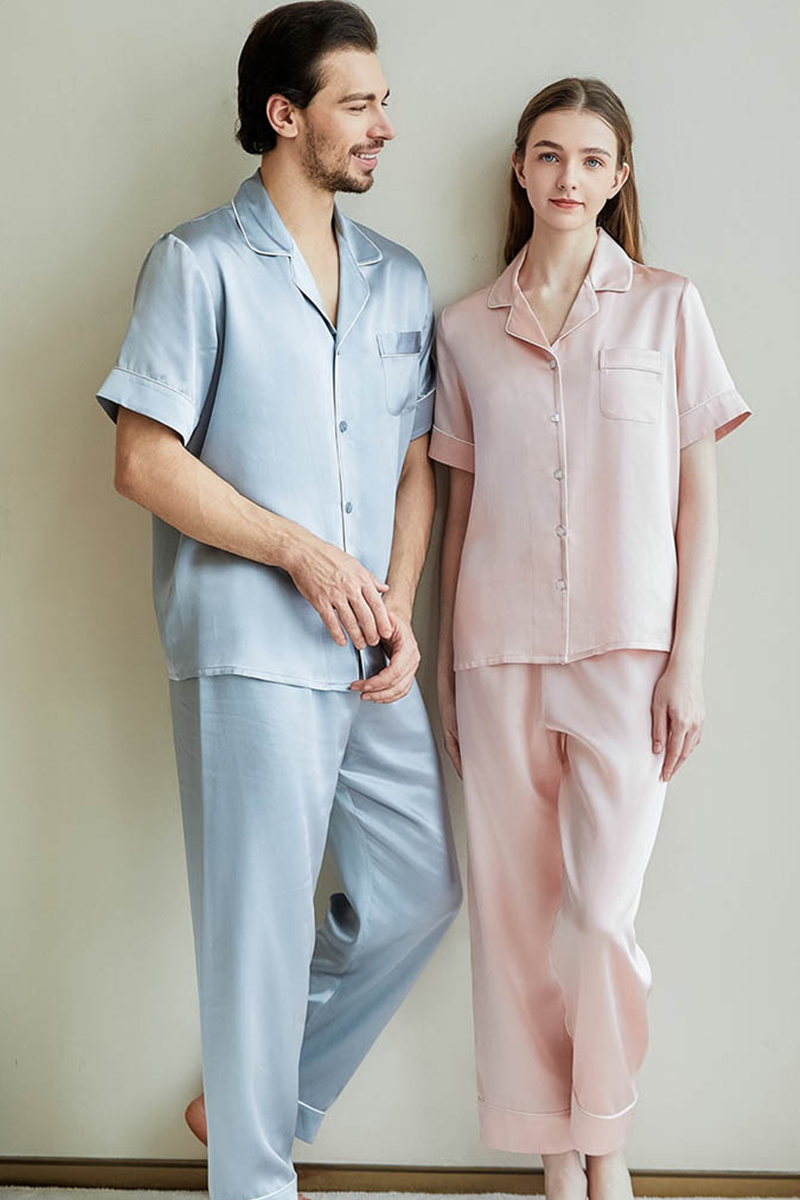 100% Heavy Mulberry Silk Couple Solid Color Pajama Set Men Women Short Sleeve & Long Pants Loungewear