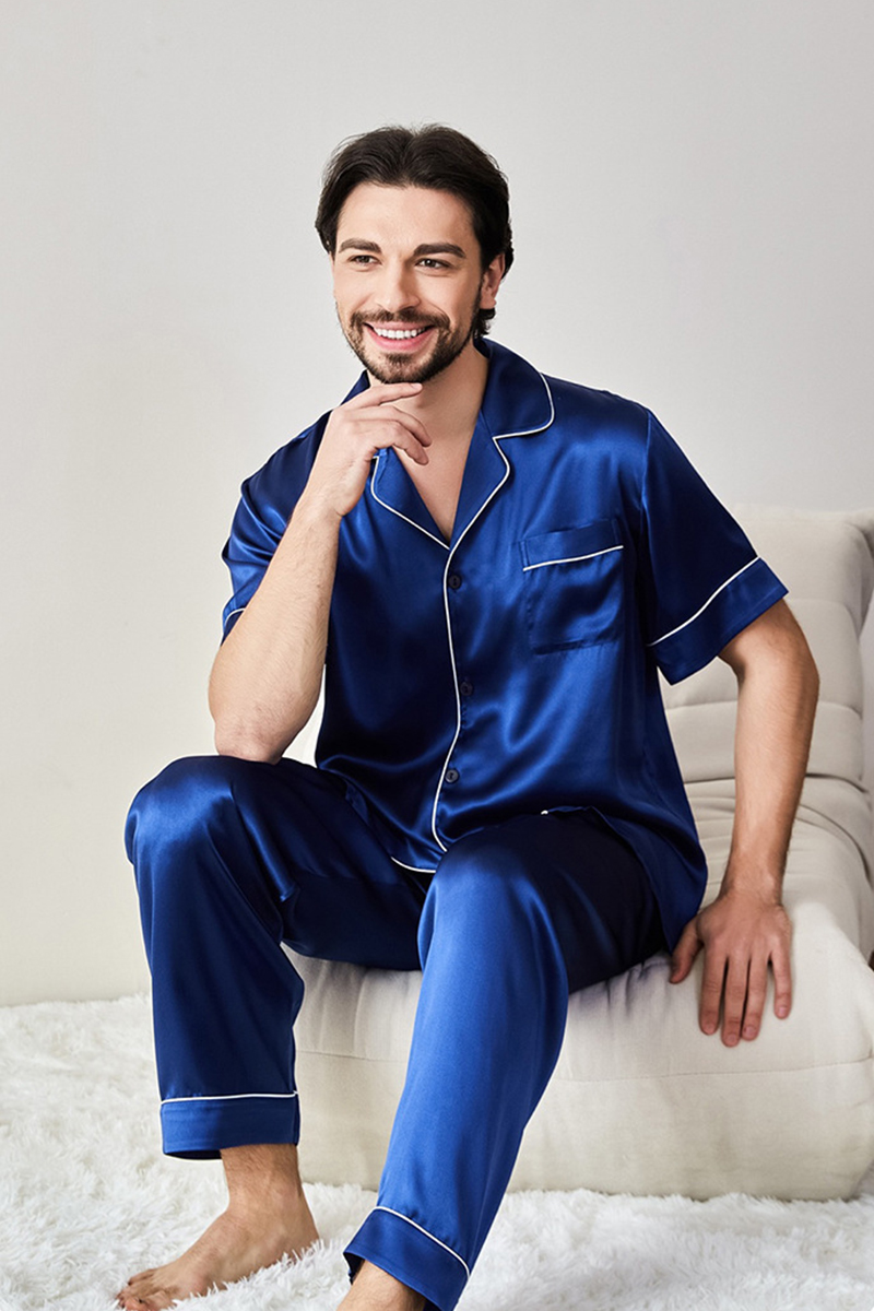100% Heavy Mulberry Silk Couple Solid Color Pajama Set Men Women Short Sleeve & Long Pants Loungewear