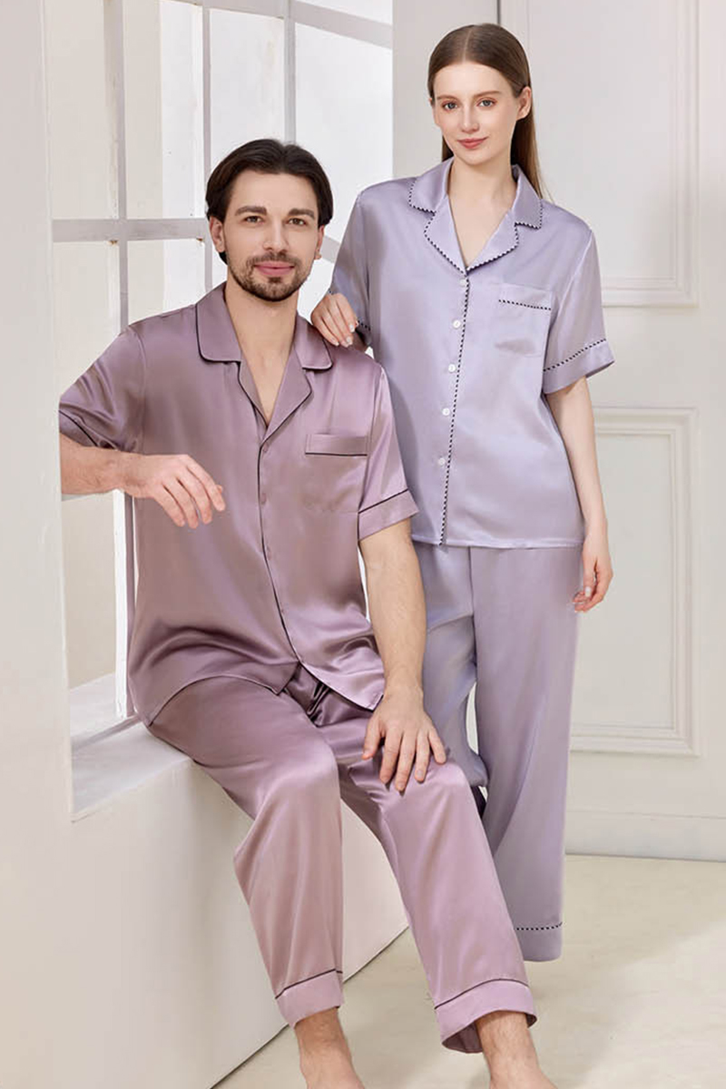 100% Heavy Mulberry Silk Couple Solid Color Pajama Set Men Women Short Sleeve & Long Pants Loungewear