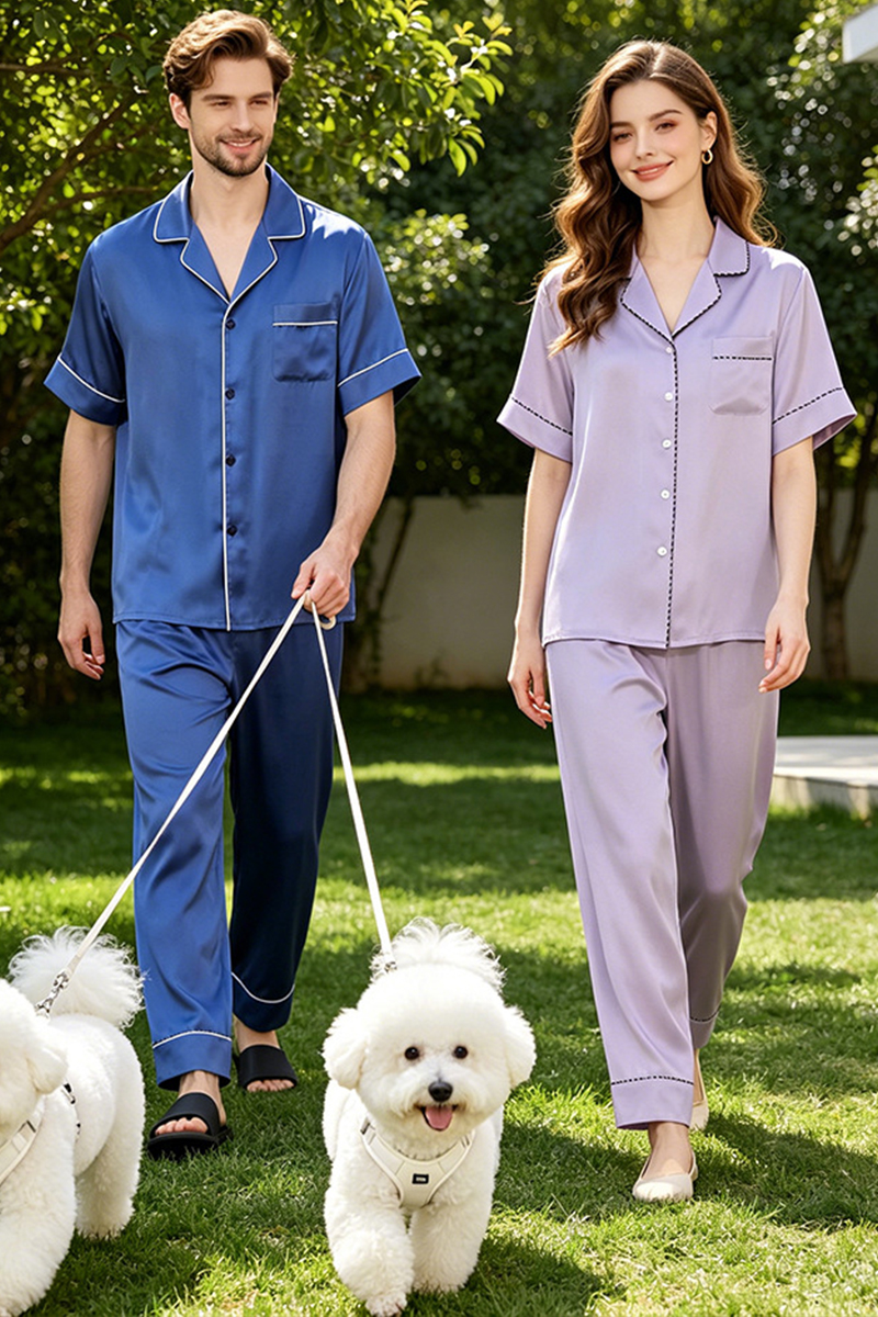 100% Heavy Mulberry Silk Couple Solid Color Pajama Set Men Women Short Sleeve & Long Pants Loungewear