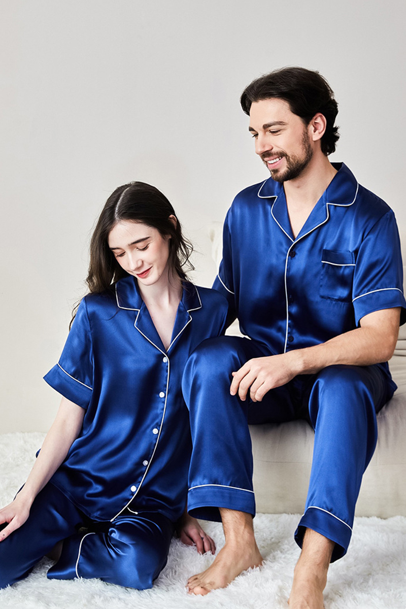 100% Heavy Mulberry Silk Couple Solid Color Pajama Set Men Women Short Sleeve & Long Pants Loungewear