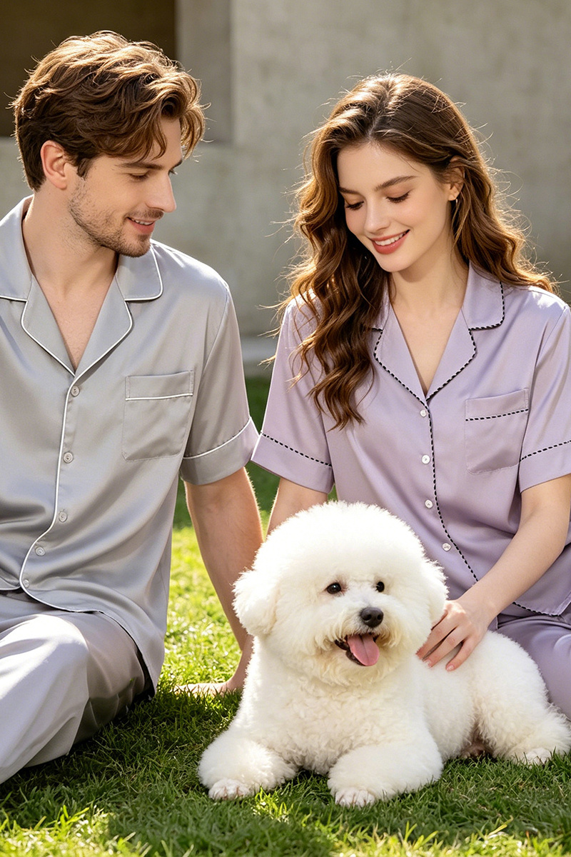 100% Heavy Mulberry Silk Couple Solid Color Pajama Set Men Women Short Sleeve & Long Pants Loungewear