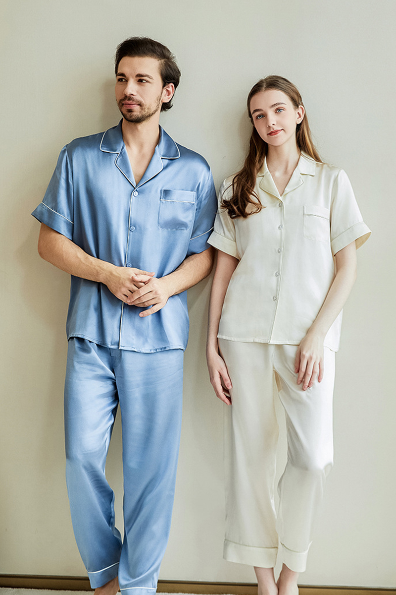 100% Heavy Mulberry Silk Couple Solid Color Pajama Set Men Women Short Sleeve & Long Pants Loungewear