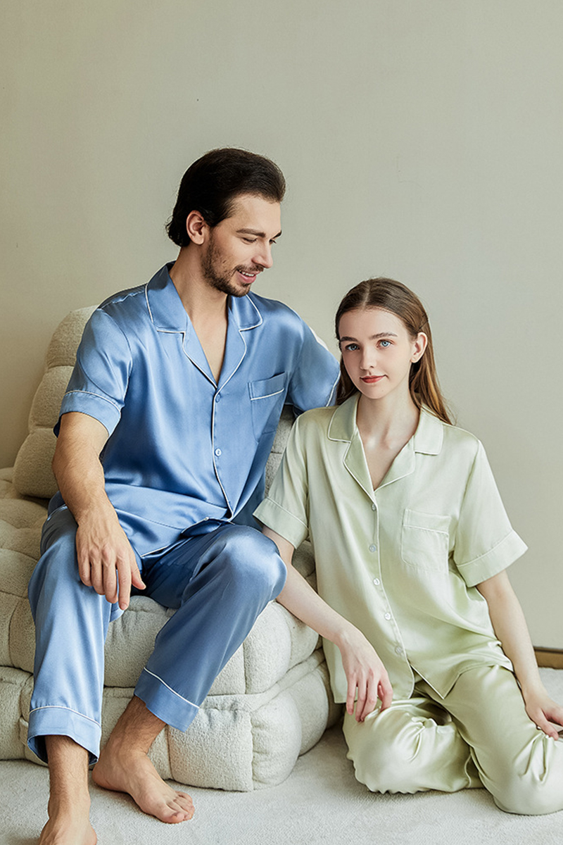 100% Heavy Mulberry Silk Couple Solid Color Pajama Set Men Women Short Sleeve & Long Pants Loungewear