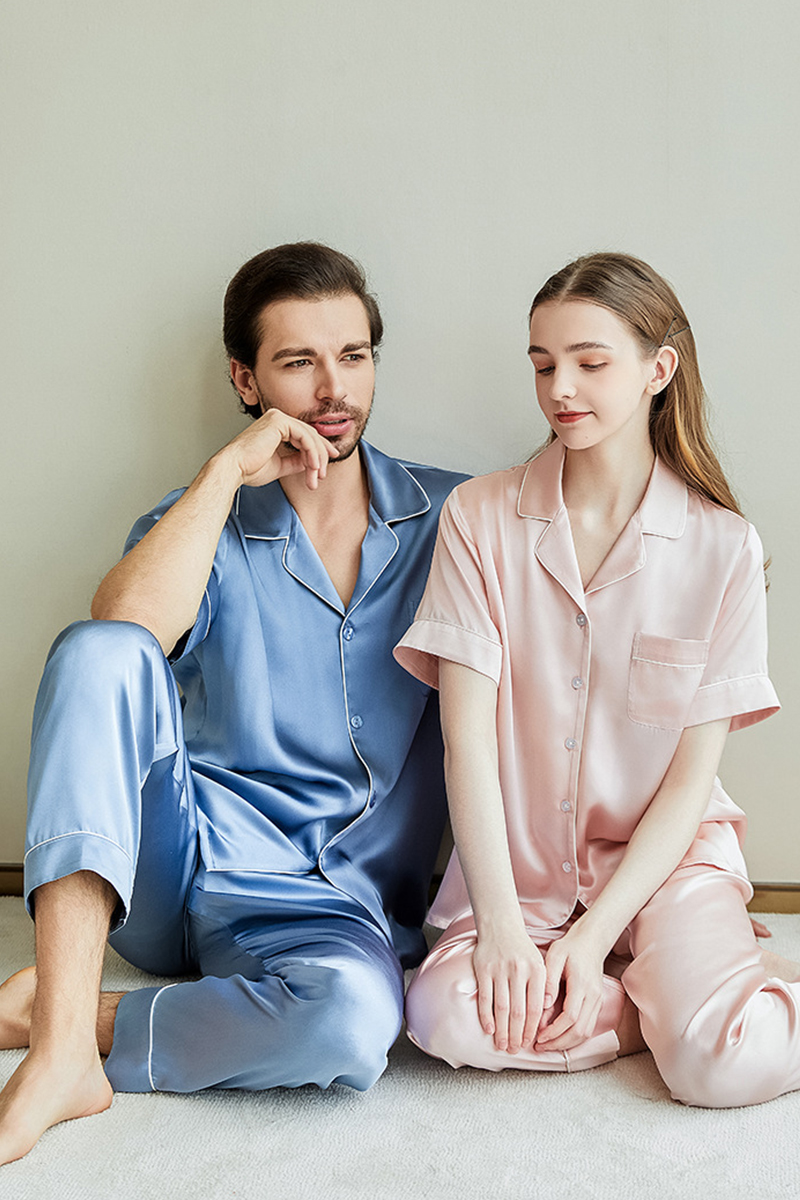 100% Heavy Mulberry Silk Couple Solid Color Pajama Set Men Women Short Sleeve & Long Pants Loungewear