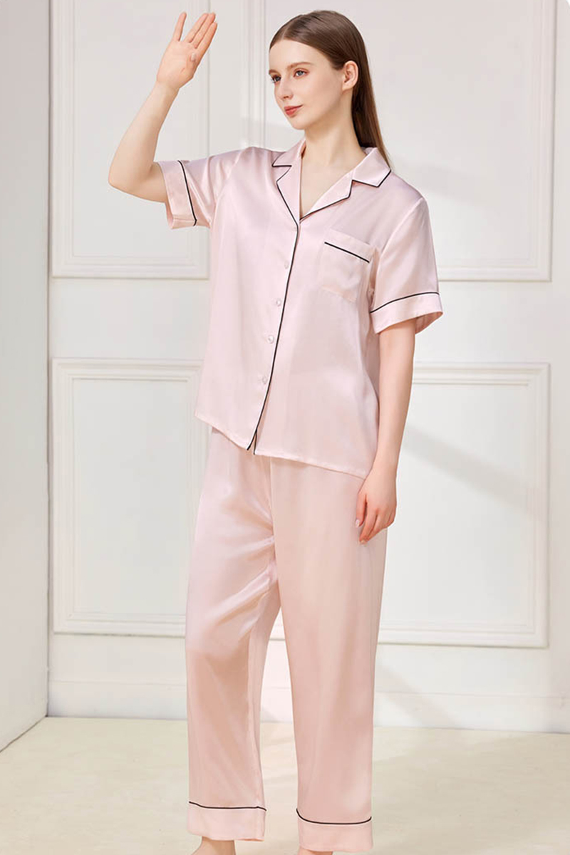 100% Heavy Mulberry Silk Couple Solid Color Pajama Set Men Women Short Sleeve & Long Pants Loungewear