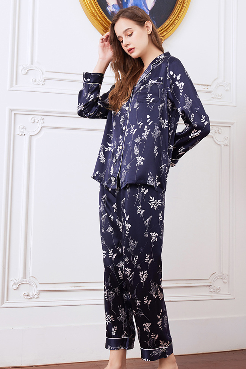 19 Momme 100% Mulberry Silk Printed Heavy Pajama Set V-Neck Long Sleeve Pants Luxury Wearable Outside Loungewear