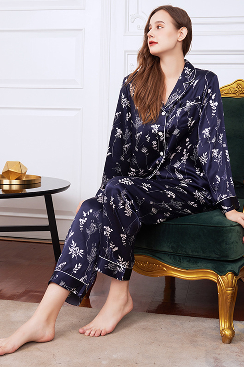 19 Momme 100% Mulberry Silk Printed Heavy Pajama Set V-Neck Long Sleeve Pants Luxury Wearable Outside Loungewear