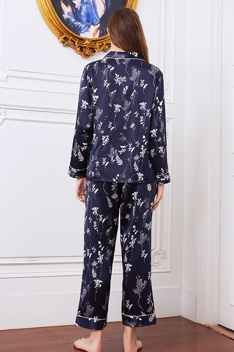19 Momme 100% Mulberry Silk Printed Heavy Pajama Set V-Neck Long Sleeve Pants Luxury Wearable Outside Loungewear