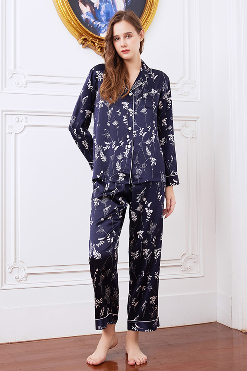 19 Momme 100% Mulberry Silk Printed Heavy Pajama Set V-Neck Long Sleeve Pants Luxury Wearable Outside Loungewear