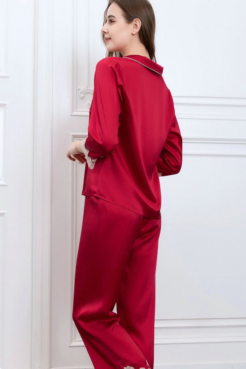 19 Momme Heavy 100% Mulberry Silk Pajama Set Lace Trim Silky Smooth Luxury Women Loungewear