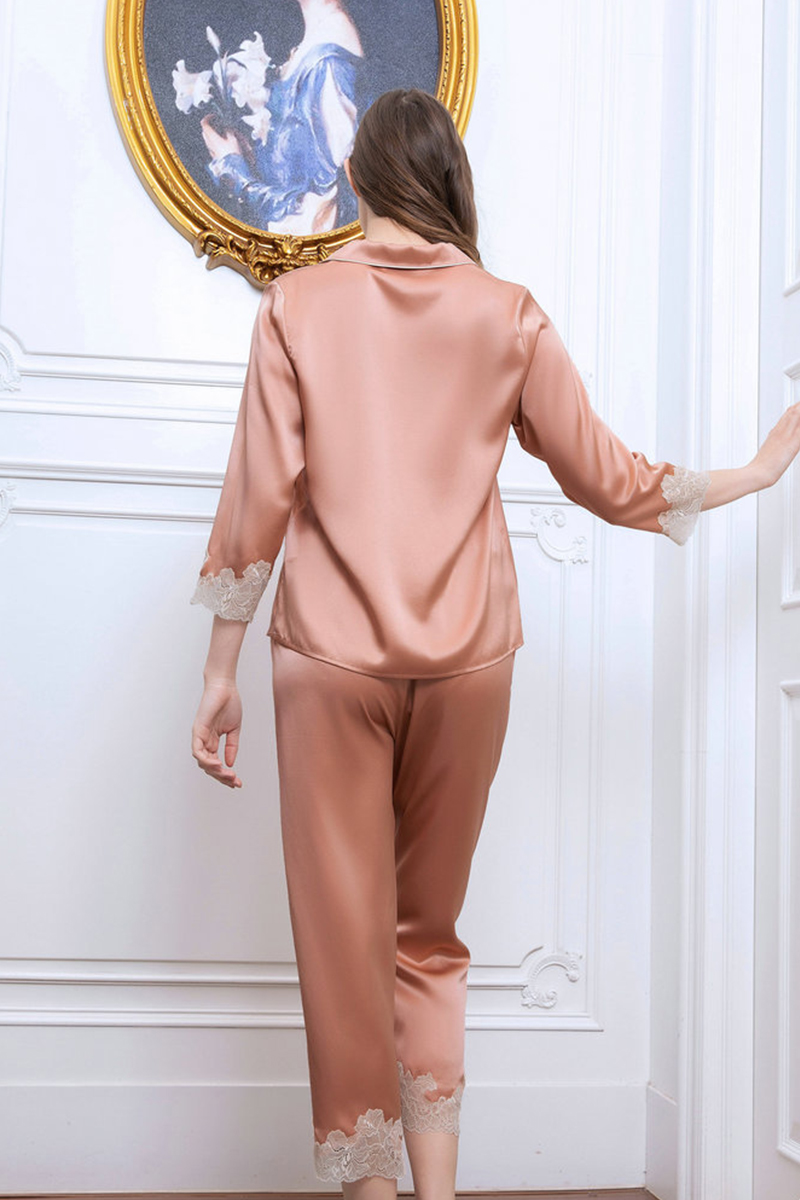 19 Momme Heavy 100% Mulberry Silk Pajama Set Lace Trim Silky Smooth Luxury Women Loungewear