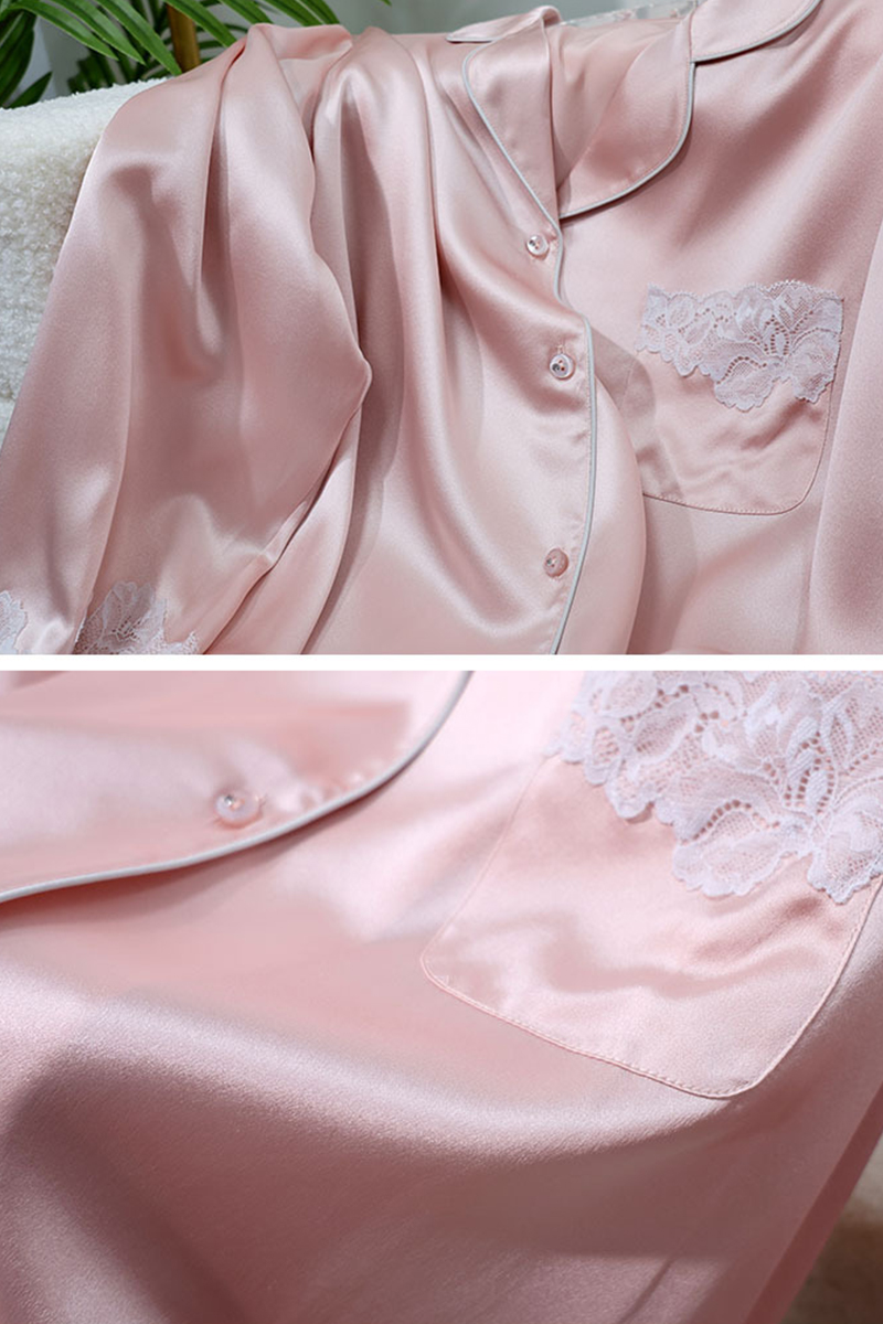 19 Momme Heavy 100% Mulberry Silk Pajama Set Lace Trim Silky Smooth Luxury Women Loungewear