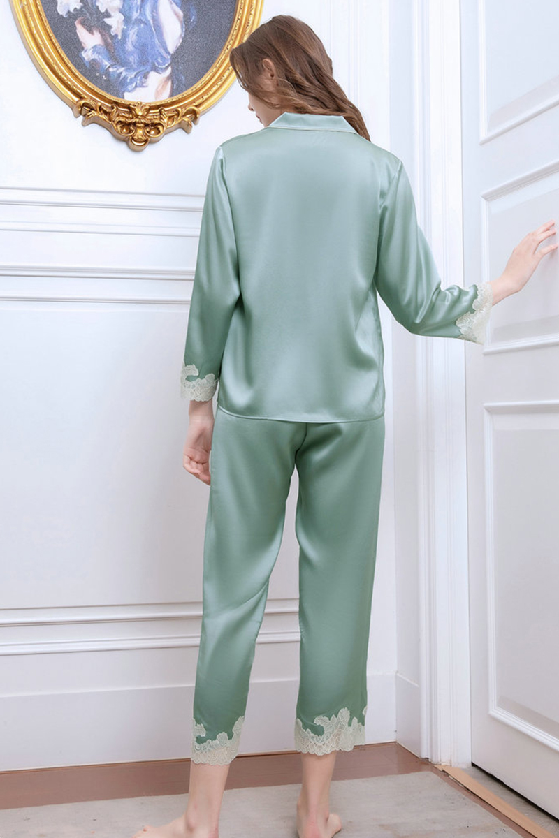 19 Momme Heavy 100% Mulberry Silk Pajama Set Lace Trim Silky Smooth Luxury Women Loungewear