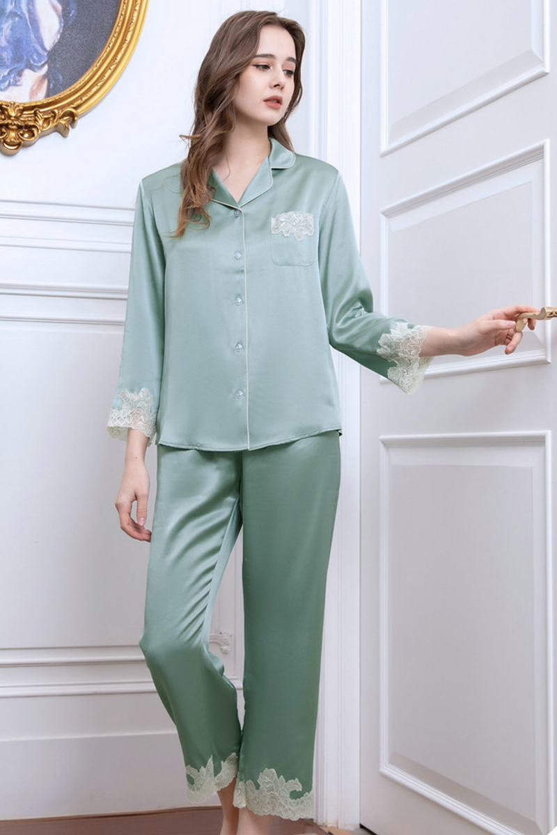 19 Momme Heavy 100% Mulberry Silk Pajama Set Lace Trim Silky Smooth Luxury Women Loungewear