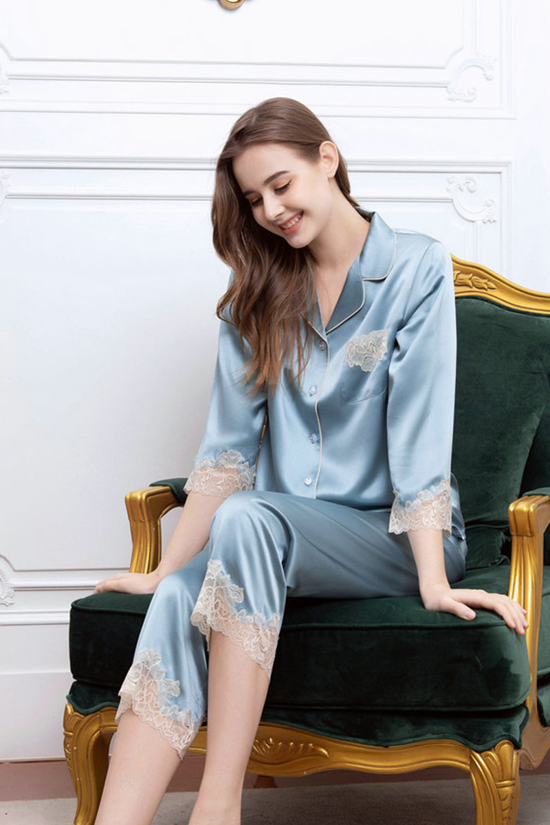 19 Momme Heavy 100% Mulberry Silk Pajama Set Lace Trim Silky Smooth Luxury Women Loungewear