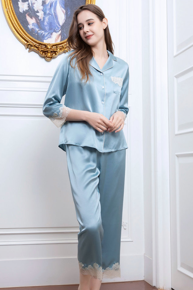 19 Momme Heavy 100% Mulberry Silk Pajama Set Lace Trim Silky Smooth Luxury Women Loungewear