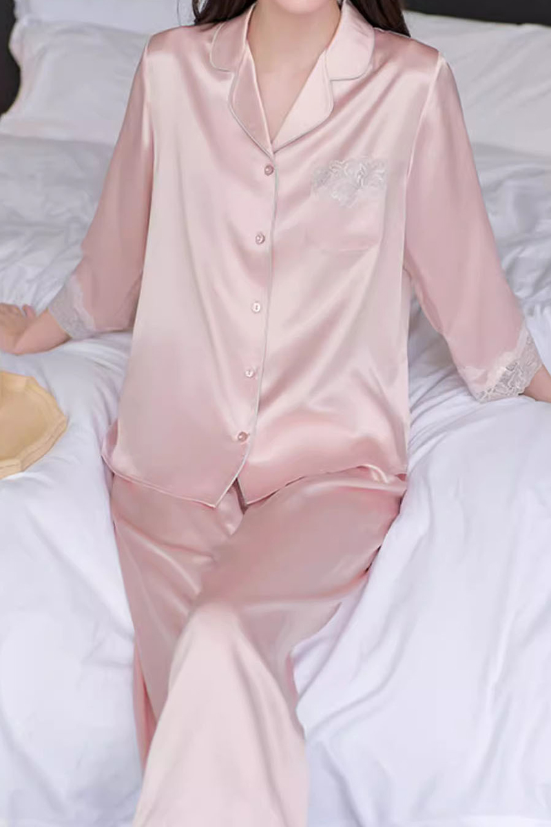 19 Momme Heavy 100% Mulberry Silk Pajama Set Lace Trim Silky Smooth Luxury Women Loungewear