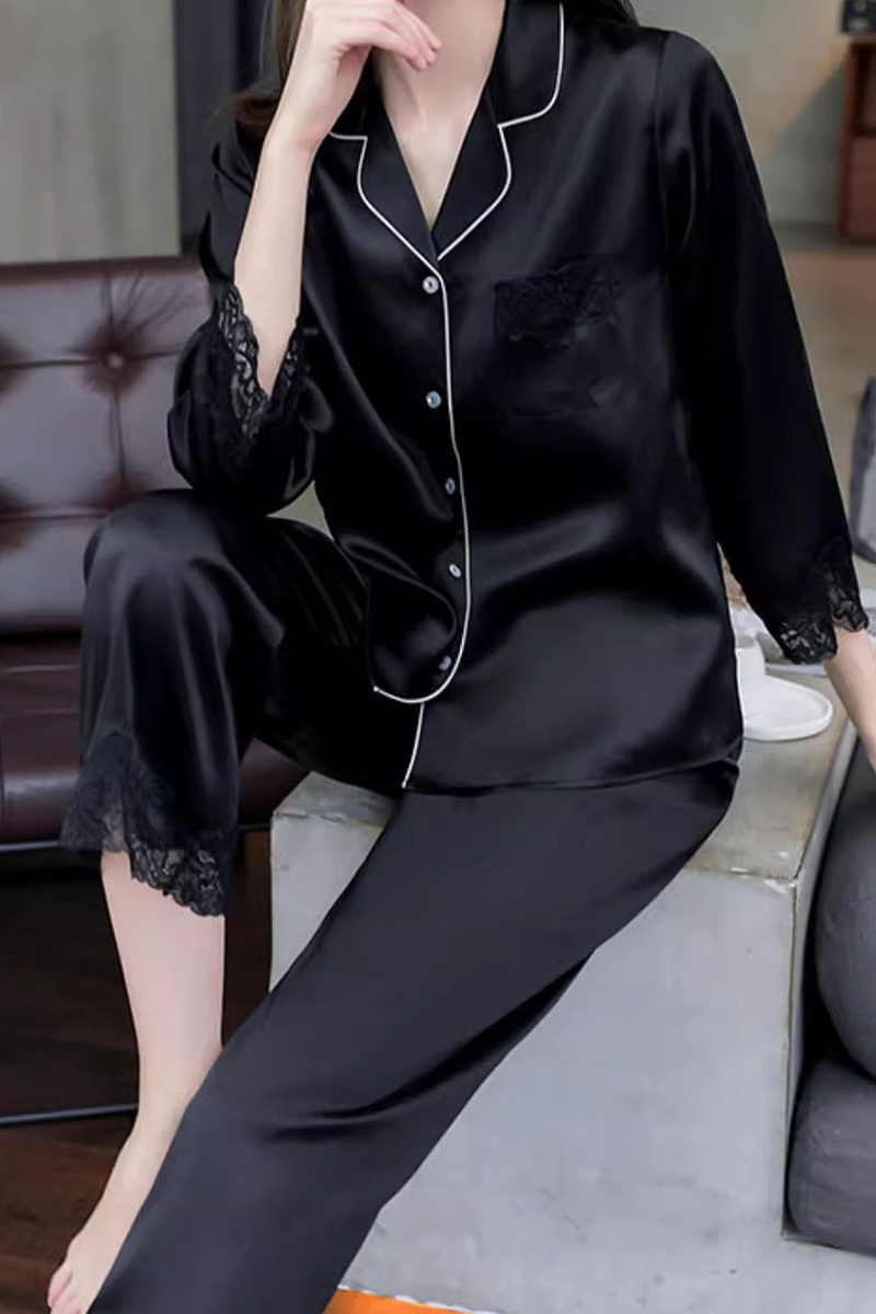 19 Momme Heavy 100% Mulberry Silk Pajama Set Lace Trim Silky Smooth Luxury Women Loungewear