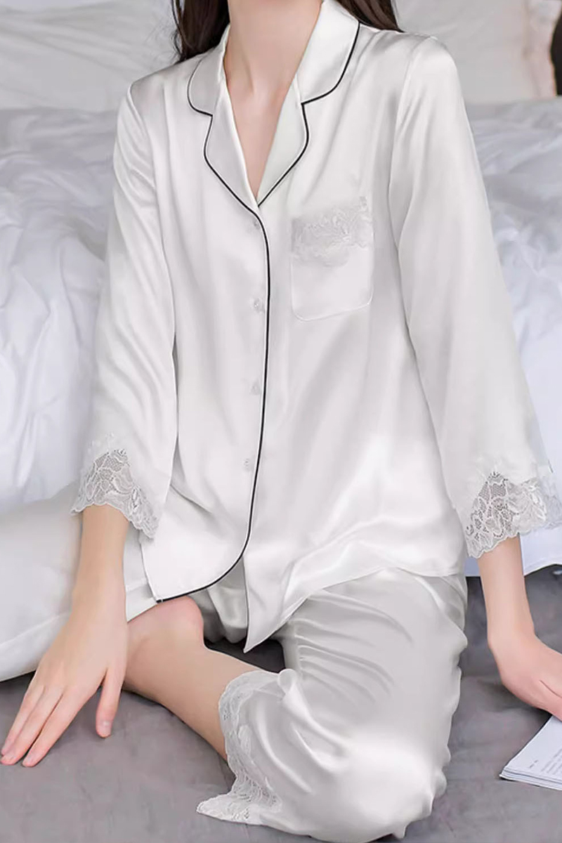 19 Momme Heavy 100% Mulberry Silk Pajama Set Lace Trim Silky Smooth Luxury Women Loungewear