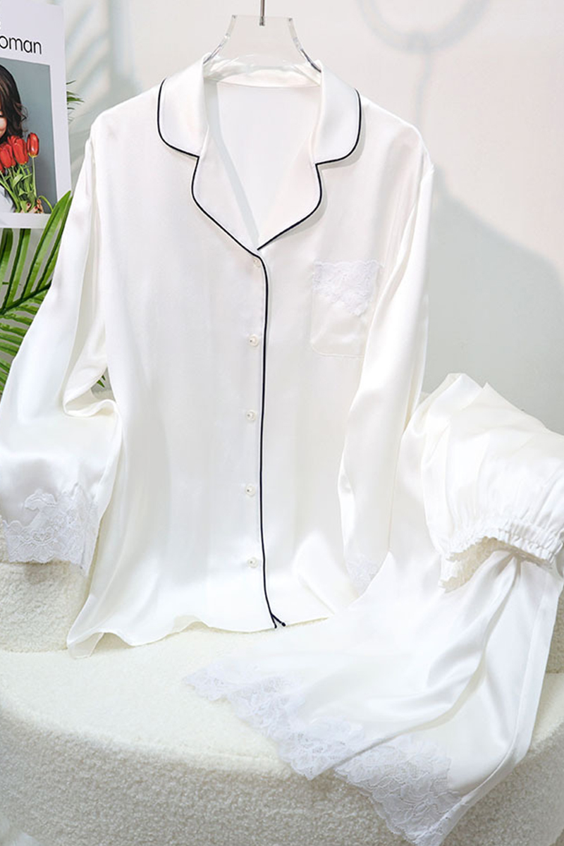 19 Momme Heavy 100% Mulberry Silk Pajama Set Lace Trim Silky Smooth Luxury Women Loungewear