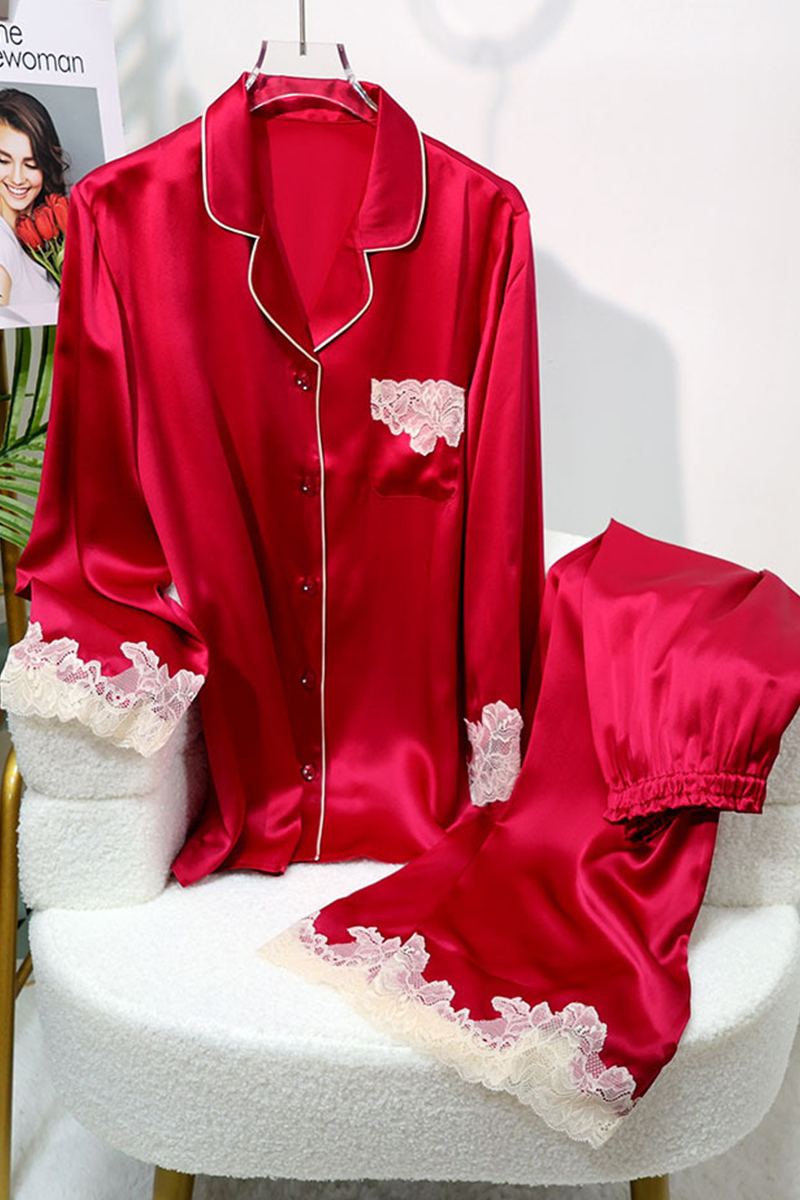 19 Momme Heavy 100% Mulberry Silk Pajama Set Lace Trim Silky Smooth Luxury Women Loungewear