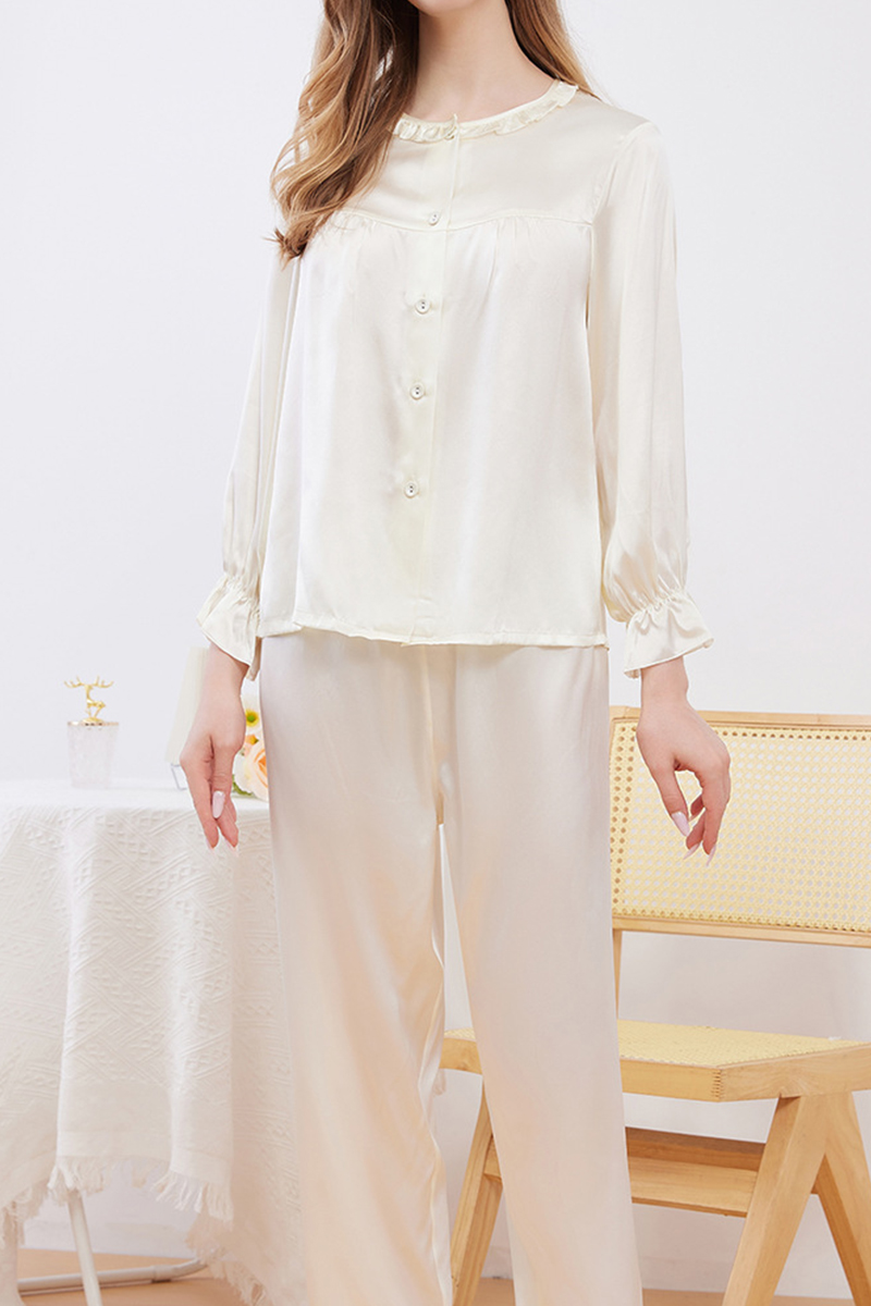 19 Momme 100% Mulberry Silk Pajama Set Crew Neck Open Front Long Sleeve Pants Minimalist Loungewear