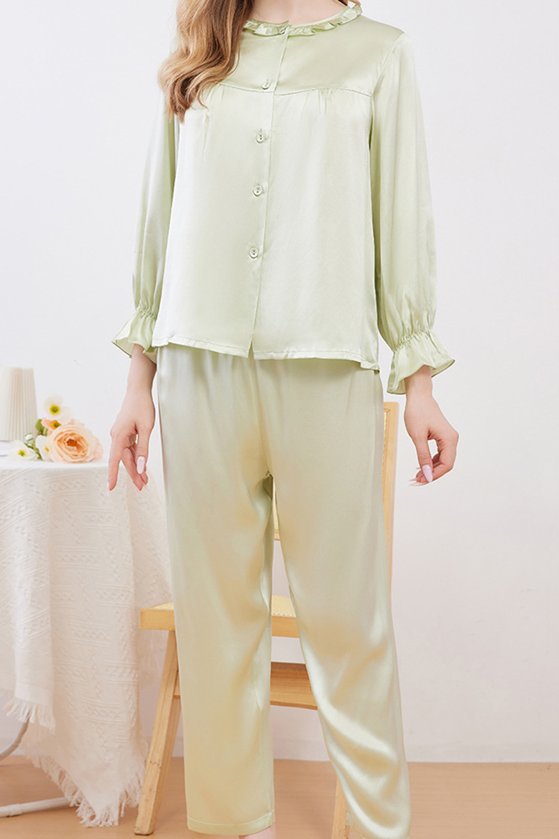 19 Momme 100% Mulberry Silk Pajama Set Crew Neck Open Front Long Sleeve Pants Minimalist Loungewear