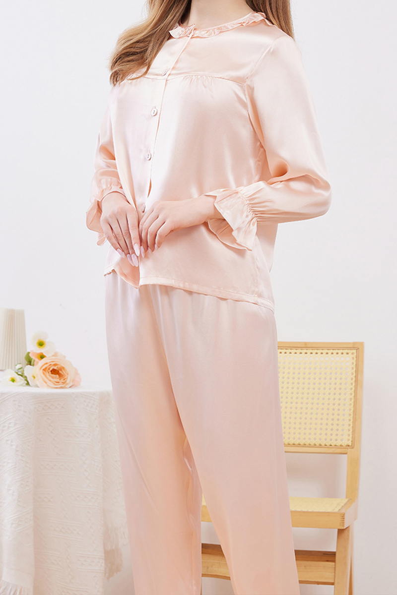 19 Momme 100% Mulberry Silk Pajama Set Crew Neck Open Front Long Sleeve Pants Minimalist Loungewear