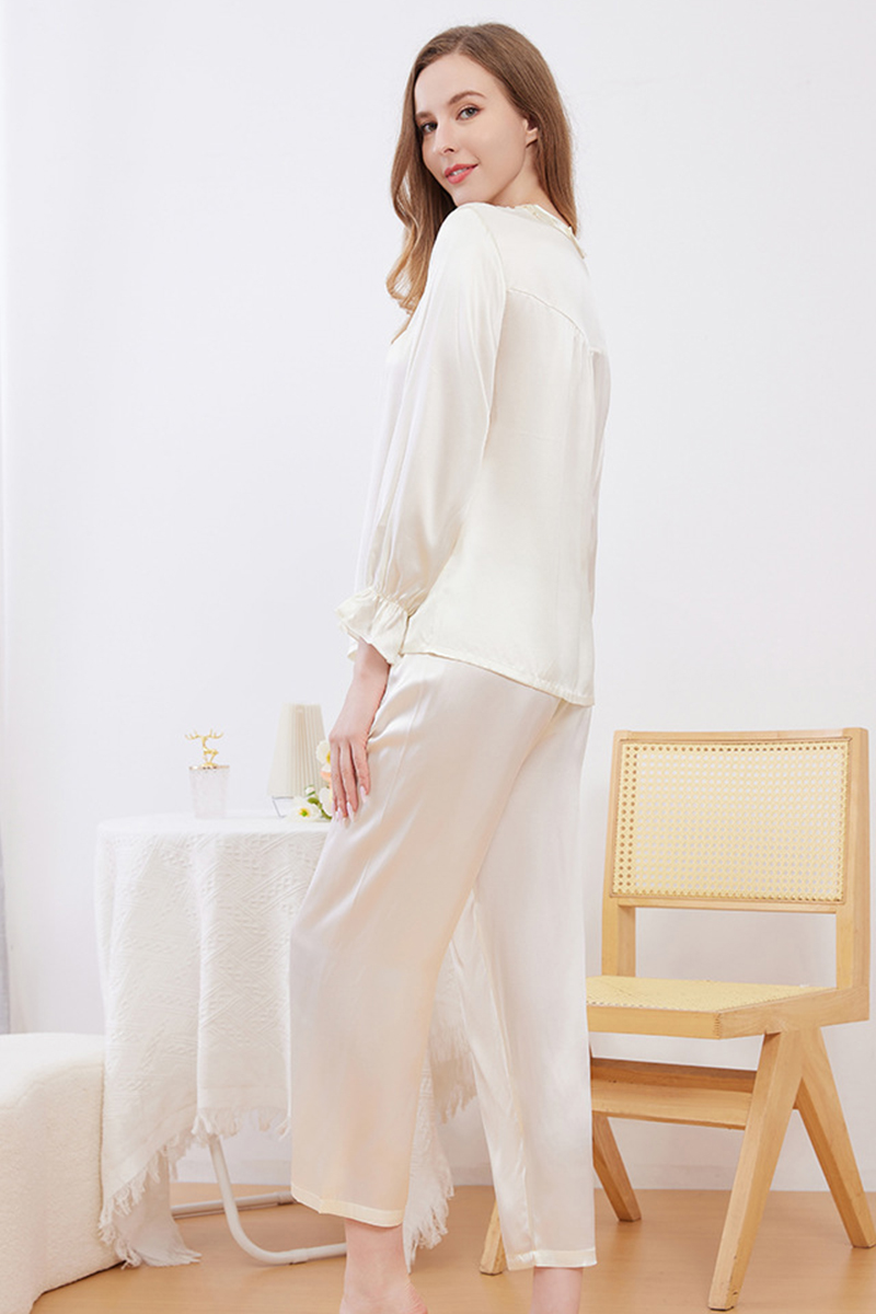 19 Momme 100% Mulberry Silk Pajama Set Crew Neck Open Front Long Sleeve Pants Minimalist Loungewear