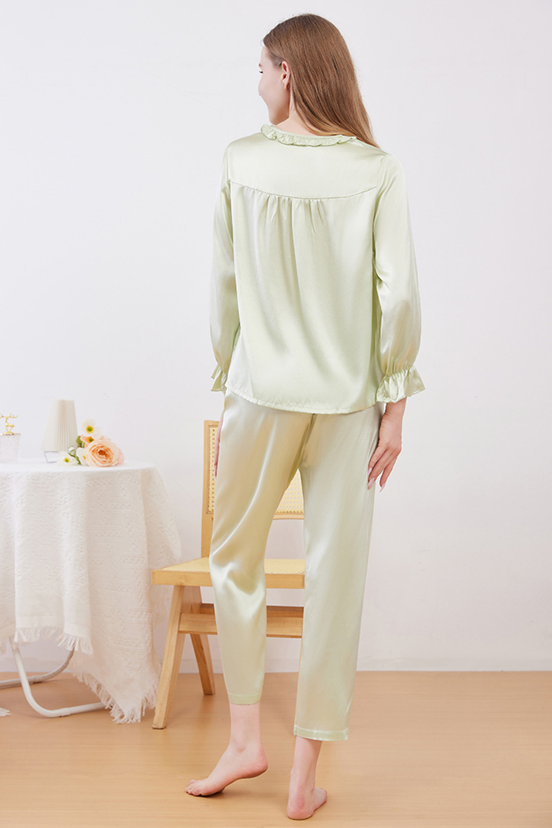 19 Momme 100% Mulberry Silk Pajama Set Crew Neck Open Front Long Sleeve Pants Minimalist Loungewear