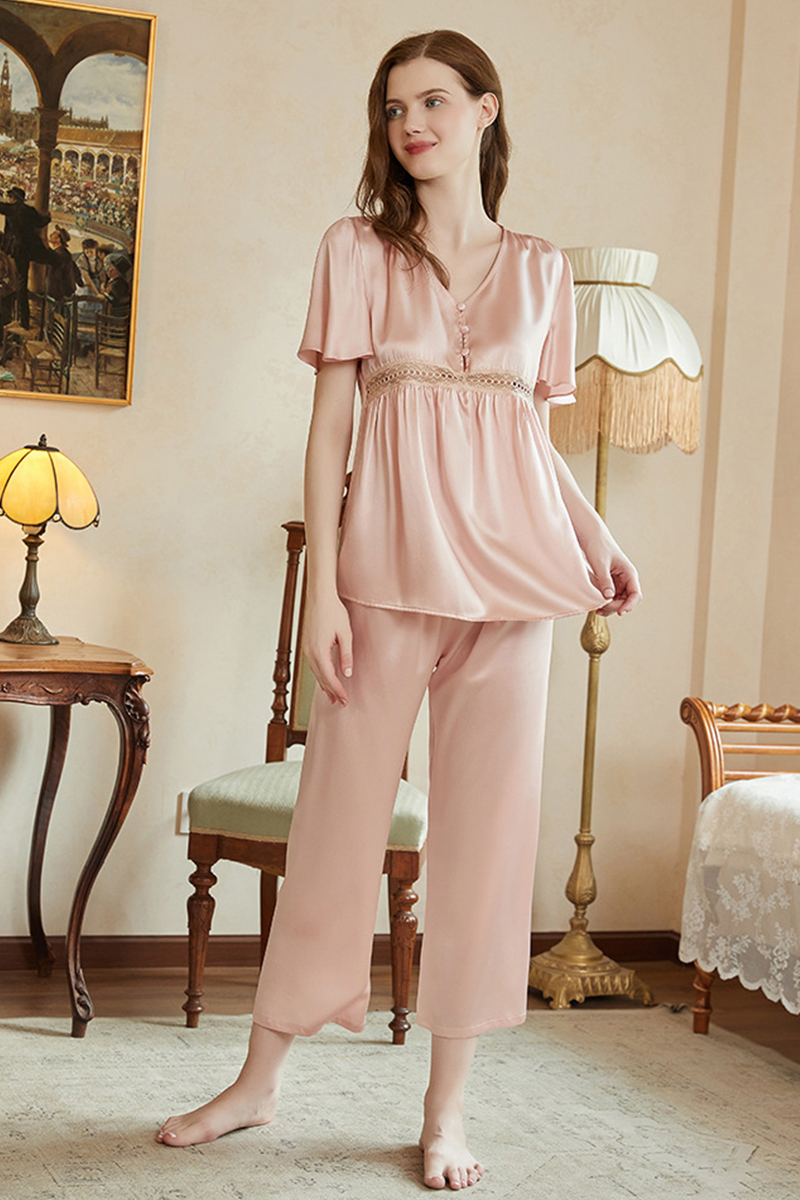19 Momme Short Sleeve Heavy 100% Mulberry Silk Pajama Set Minimalist Sweet Luxury Silky Loungewear