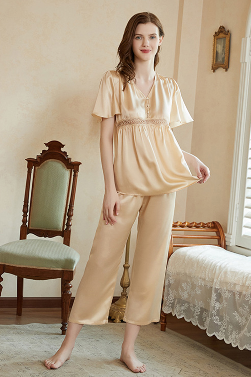 19 Momme Short Sleeve Heavy 100% Mulberry Silk Pajama Set Minimalist Sweet Luxury Silky Loungewear