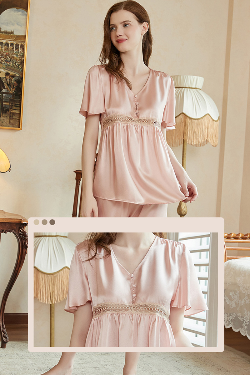 19 Momme Short Sleeve Heavy 100% Mulberry Silk Pajama Set Minimalist Sweet Luxury Silky Loungewear