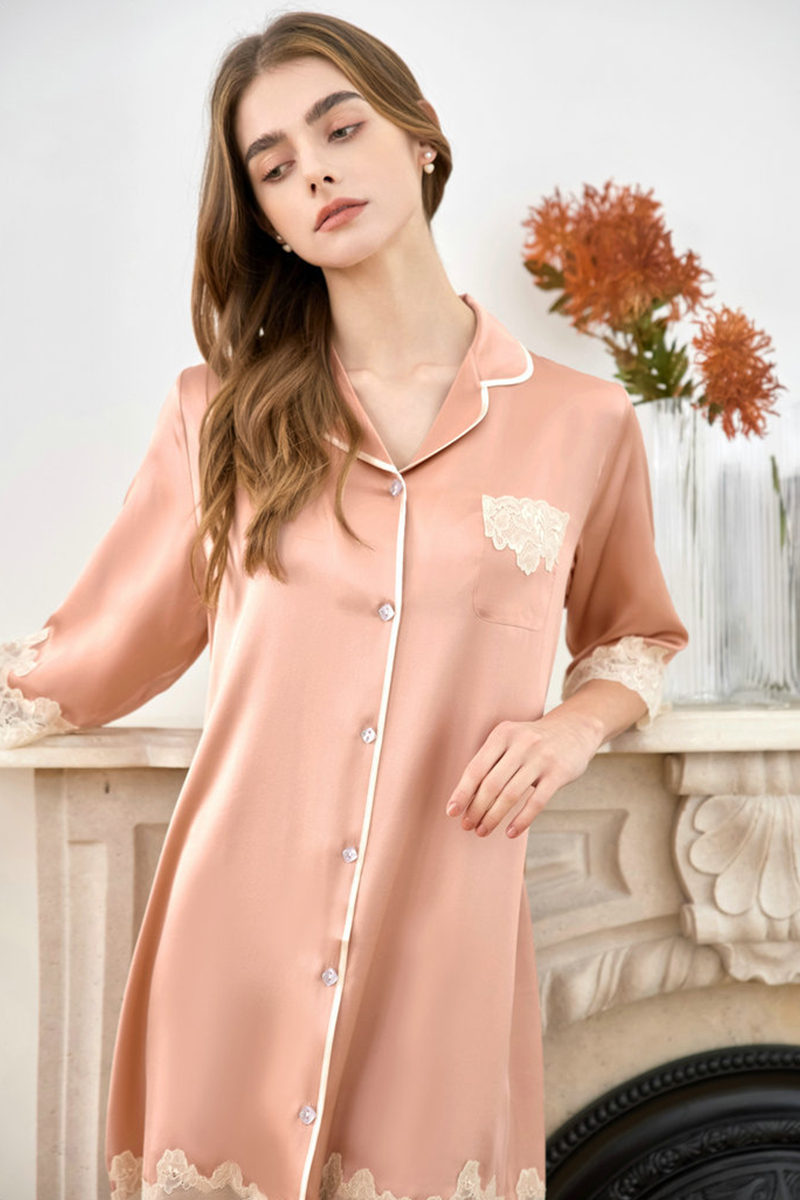 19 Momme 100% Heavy Mulberry Silk Nightgown 3/4 Sleeve Silky Nightshirt