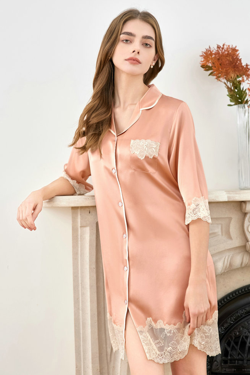 19 Momme 100% Heavy Mulberry Silk Nightgown 3/4 Sleeve Silky Nightshirt
