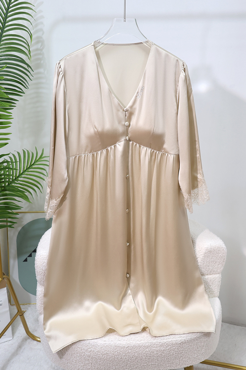19 Momme 100% Mulberry Silk Nightgown with Built-In Chest Pads Button Front Cardigan Style Dress