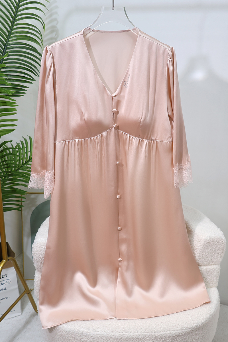 19 Momme 100% Mulberry Silk Nightgown with Built-In Chest Pads Button Front Cardigan Style Dress