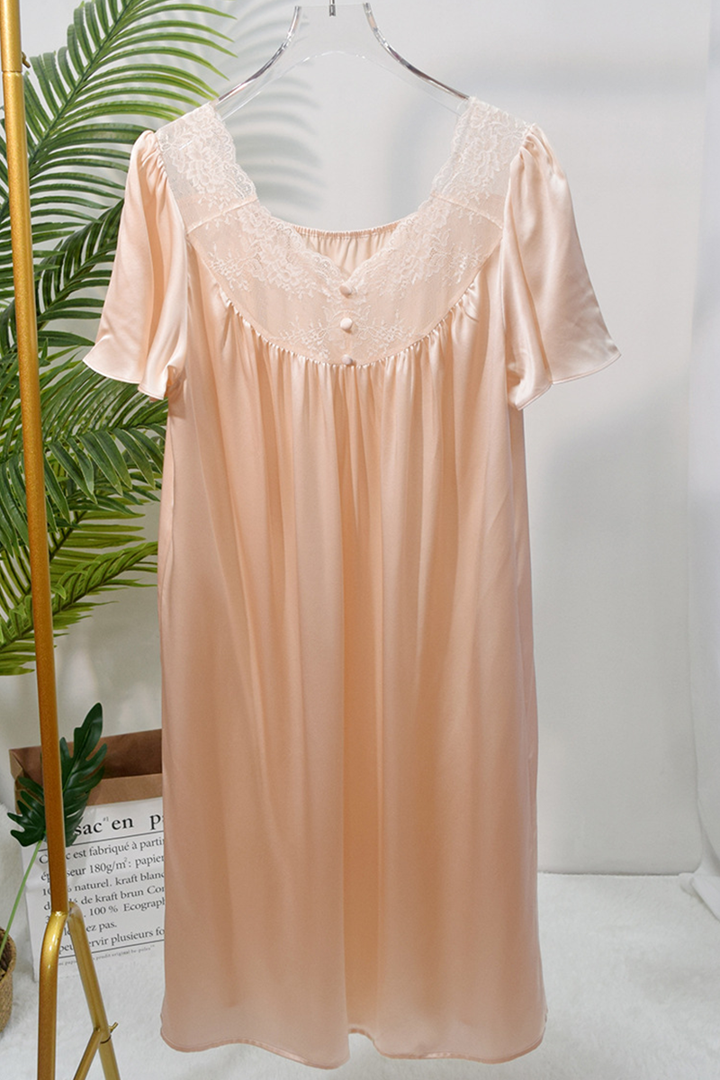 19 Momme Loose Heavy 100% Mulberry Silk Short Sleeve Nightgown Casual Loungewear Dress With Delicate Lace Trim