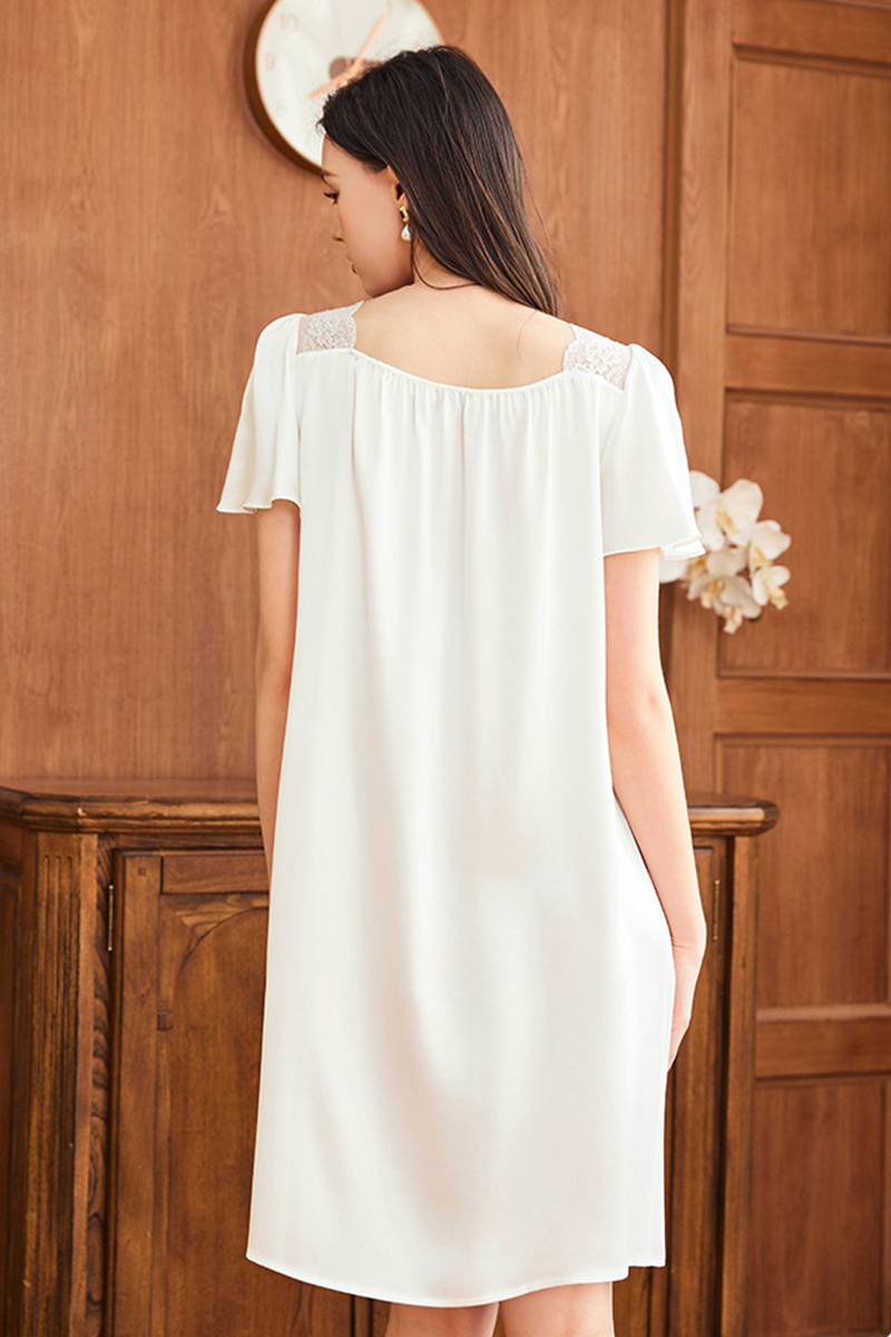 19 Momme Loose Heavy 100% Mulberry Silk Short Sleeve Nightgown Casual Loungewear Dress With Delicate Lace Trim