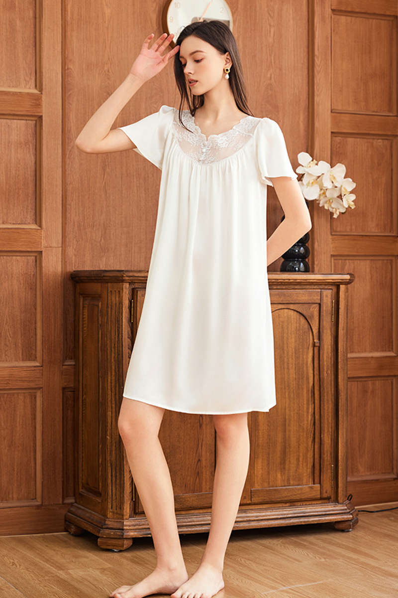 19 Momme Loose Heavy 100% Mulberry Silk Short Sleeve Nightgown Casual Loungewear Dress With Delicate Lace Trim