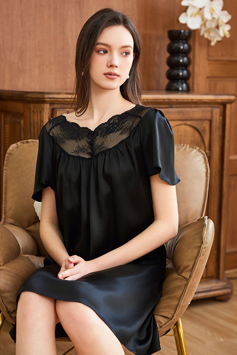 19 Momme Loose Heavy 100% Mulberry Silk Short Sleeve Nightgown Casual Loungewear Dress With Delicate Lace Trim