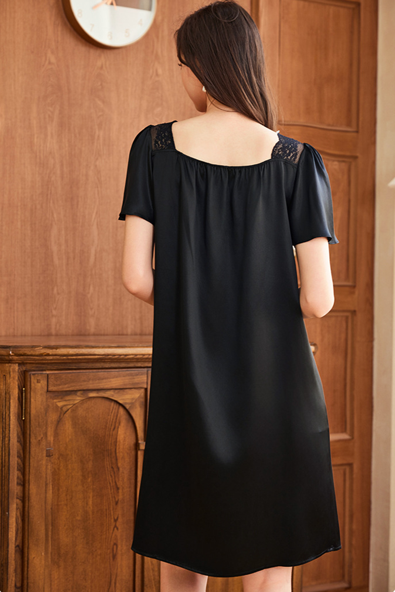 19 Momme Loose Heavy 100% Mulberry Silk Short Sleeve Nightgown Casual Loungewear Dress With Delicate Lace Trim