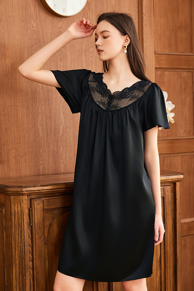 19 Momme Loose Heavy 100% Mulberry Silk Short Sleeve Nightgown Casual Loungewear Dress With Delicate Lace Trim